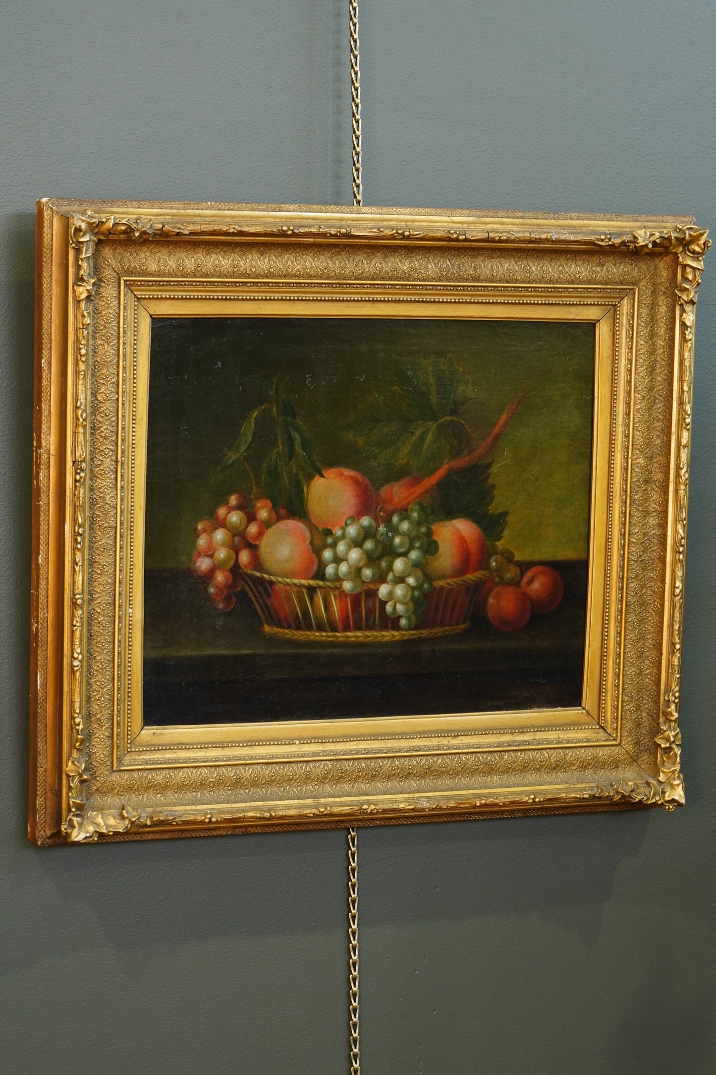 Antique Continental Still Life, Peaches and Grapes in a Basket, Oil on Canvas