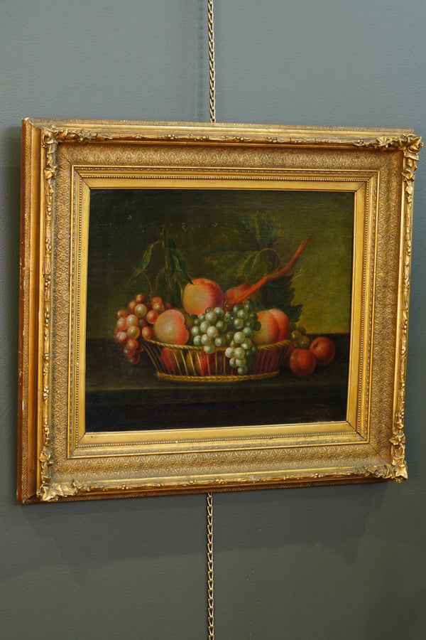 Antique Continental Still Life, Peaches and Grapes in a Basket, Oil on Canvas secondary view