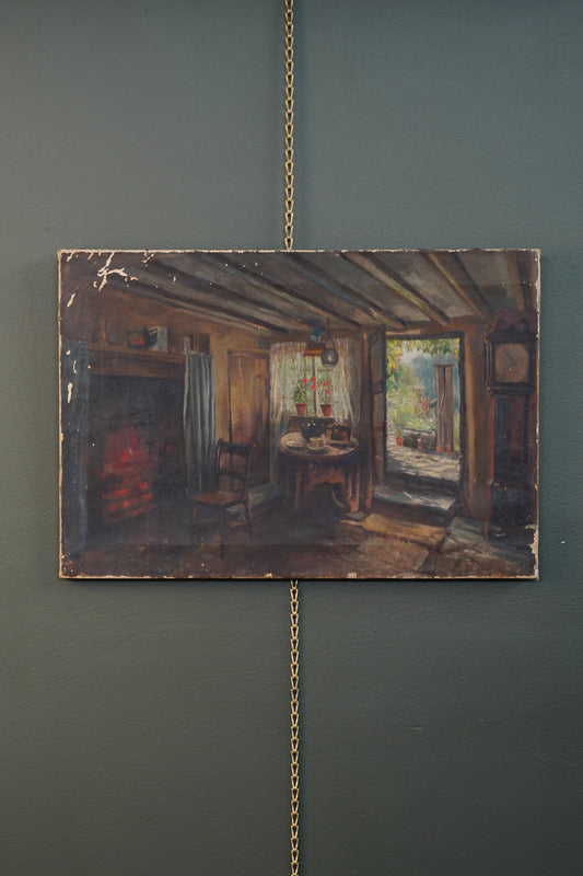 Antique British School Cottage Interior Oil Painting, Circa 1900