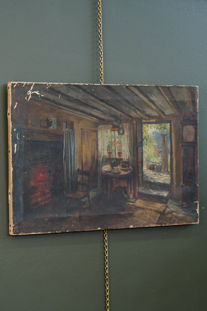 Antique British School Cottage Interior Oil Painting, Circa 1900