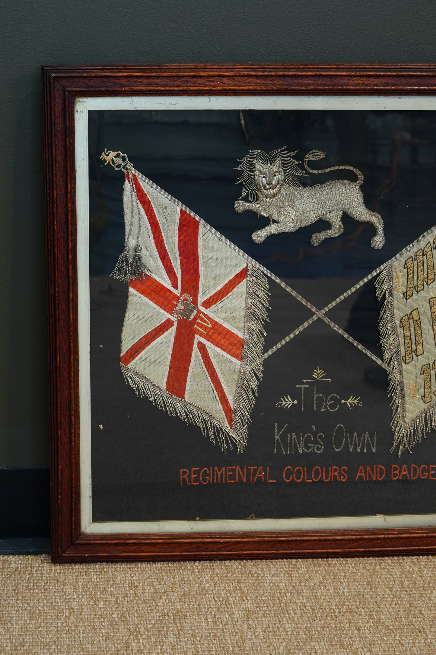 Antique English Embroidered Silk King's Own Regimental Colours