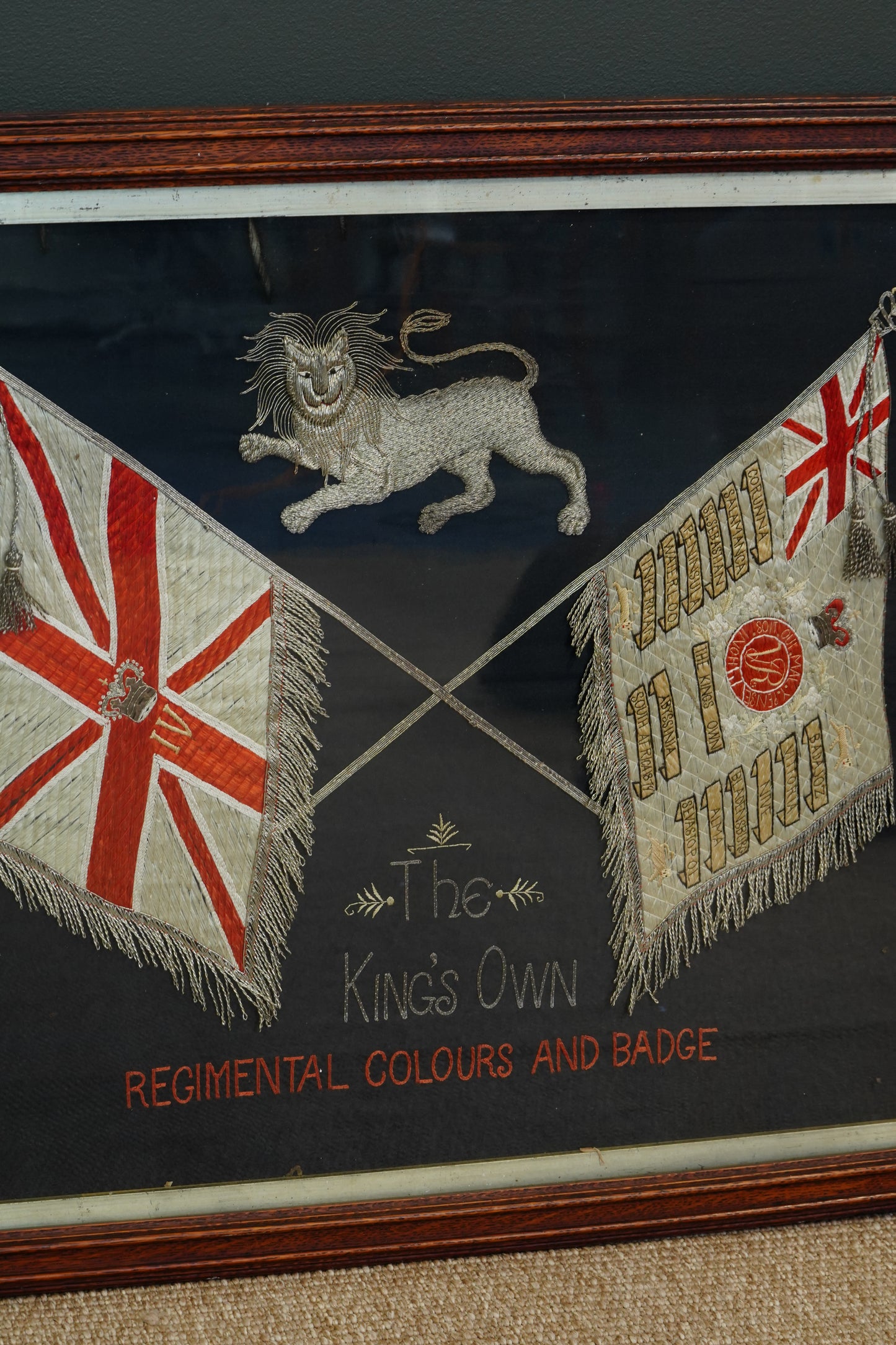 Antique English Embroidered Silk King's Own Regimental Colours
