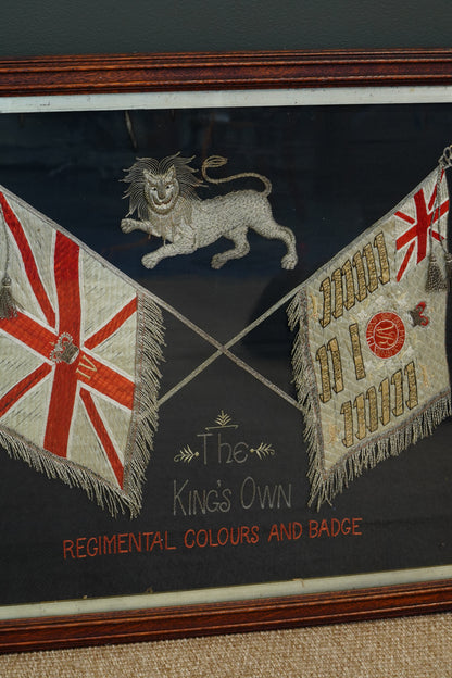 Antique English Embroidered Silk King's Own Regimental Colours