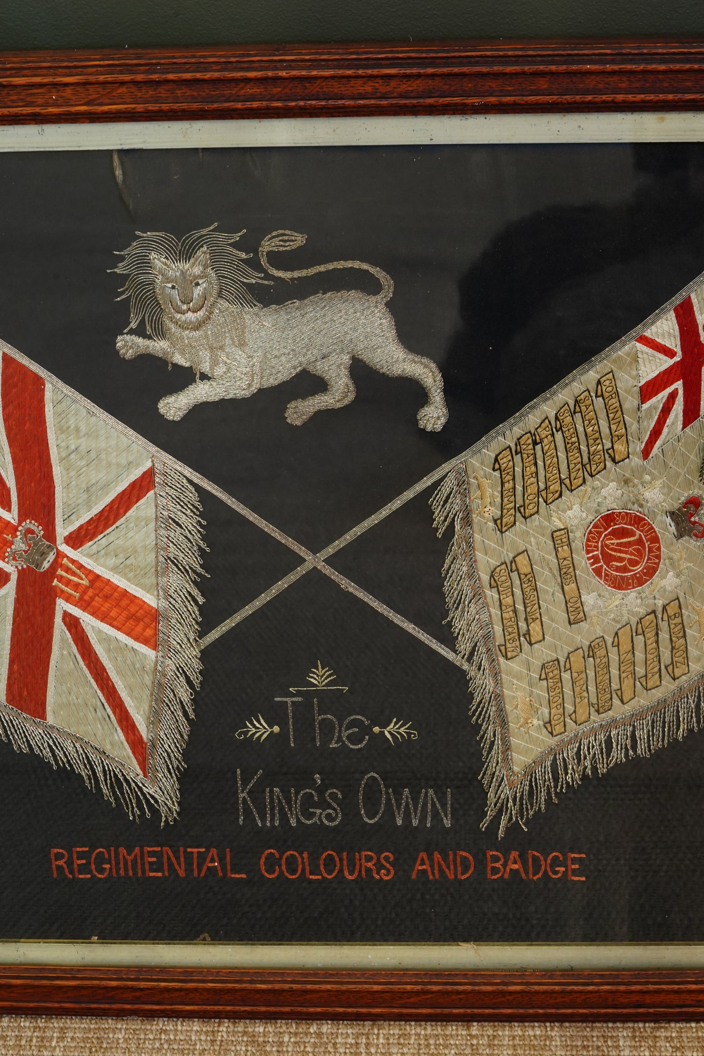 Antique English Embroidered Silk King's Own Regimental Colours