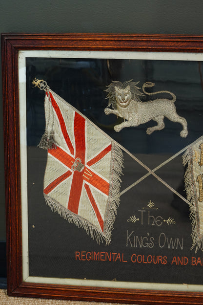 Antique English Embroidered Silk King's Own Regimental Colours