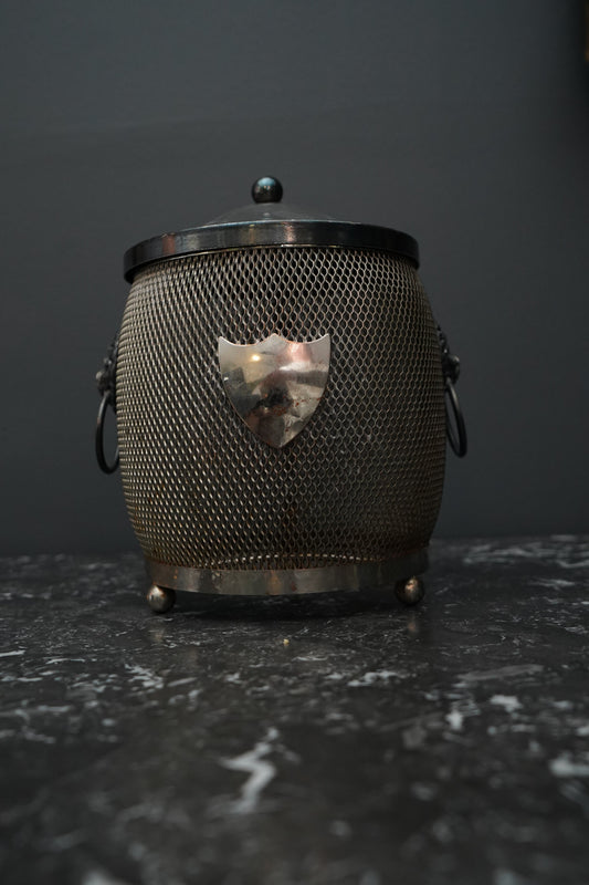 Antique English Silver-Plated Mesh Biscuit Barrel with Lion Mask Handles