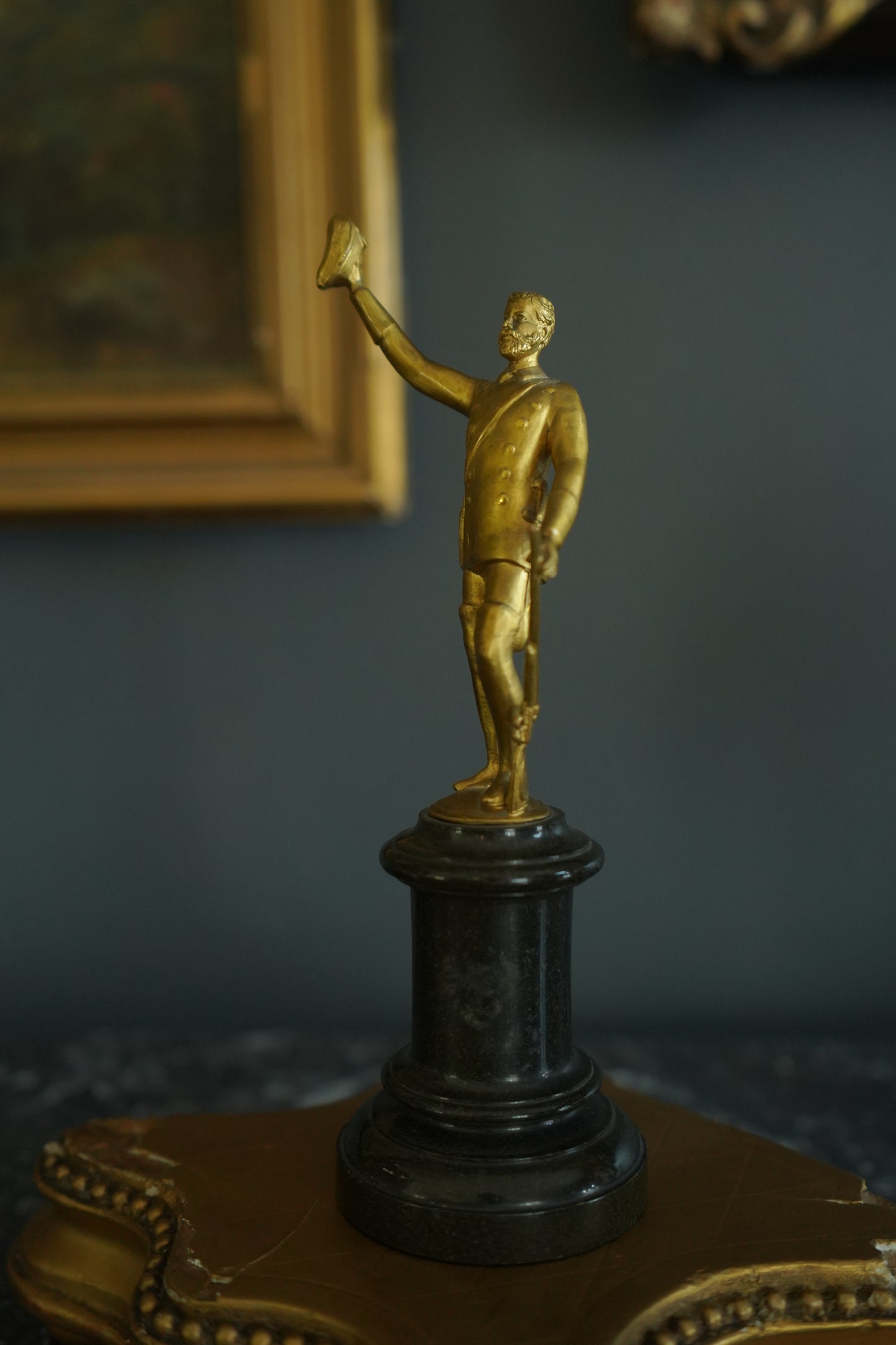 Late 19th to Early 20th Century Gilt Bronze Gentleman Officer Figurine on Black Marble Base