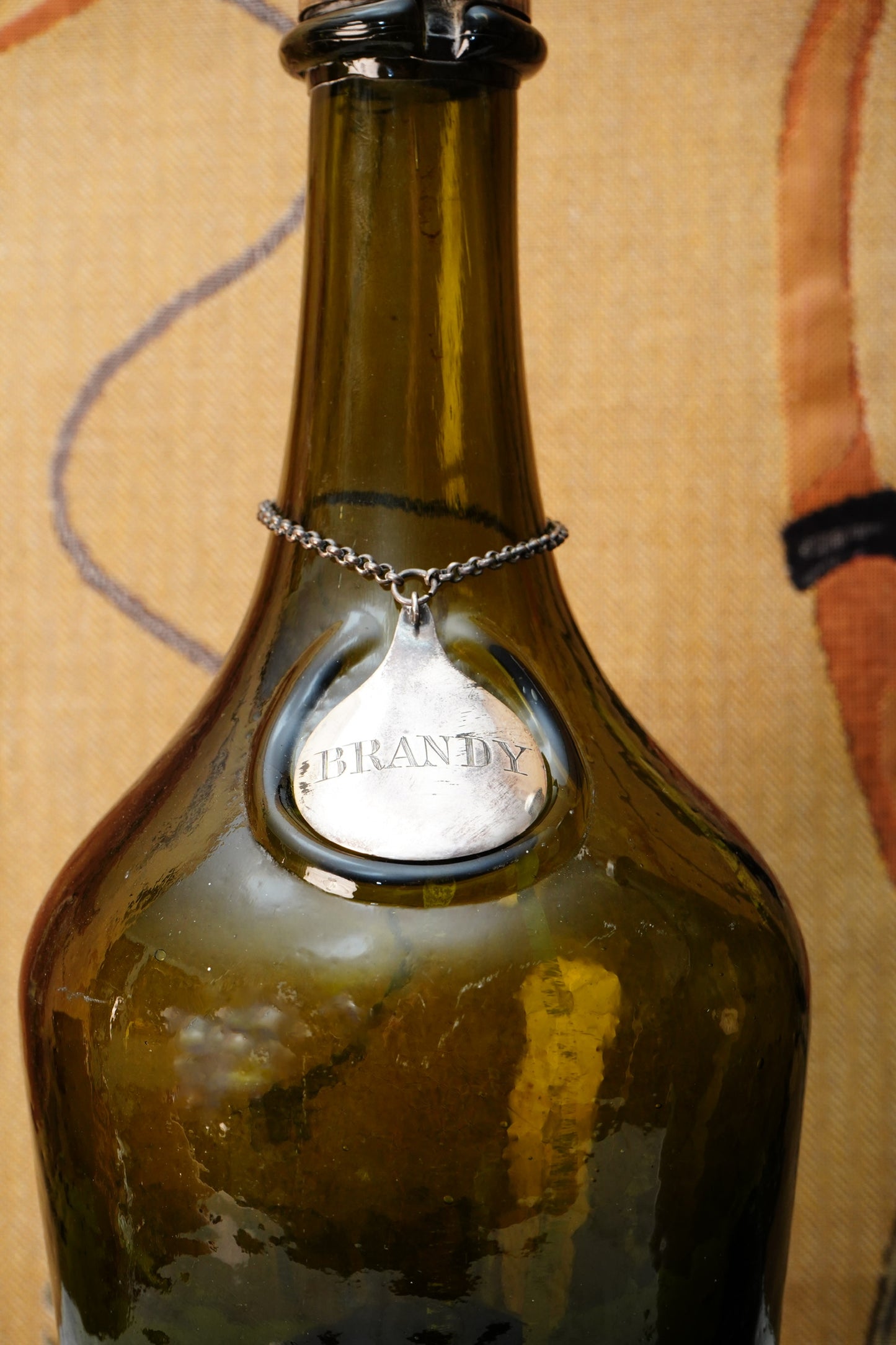 Antique Green Glass Gin and Brandy Decanters with Silver Plate Labels