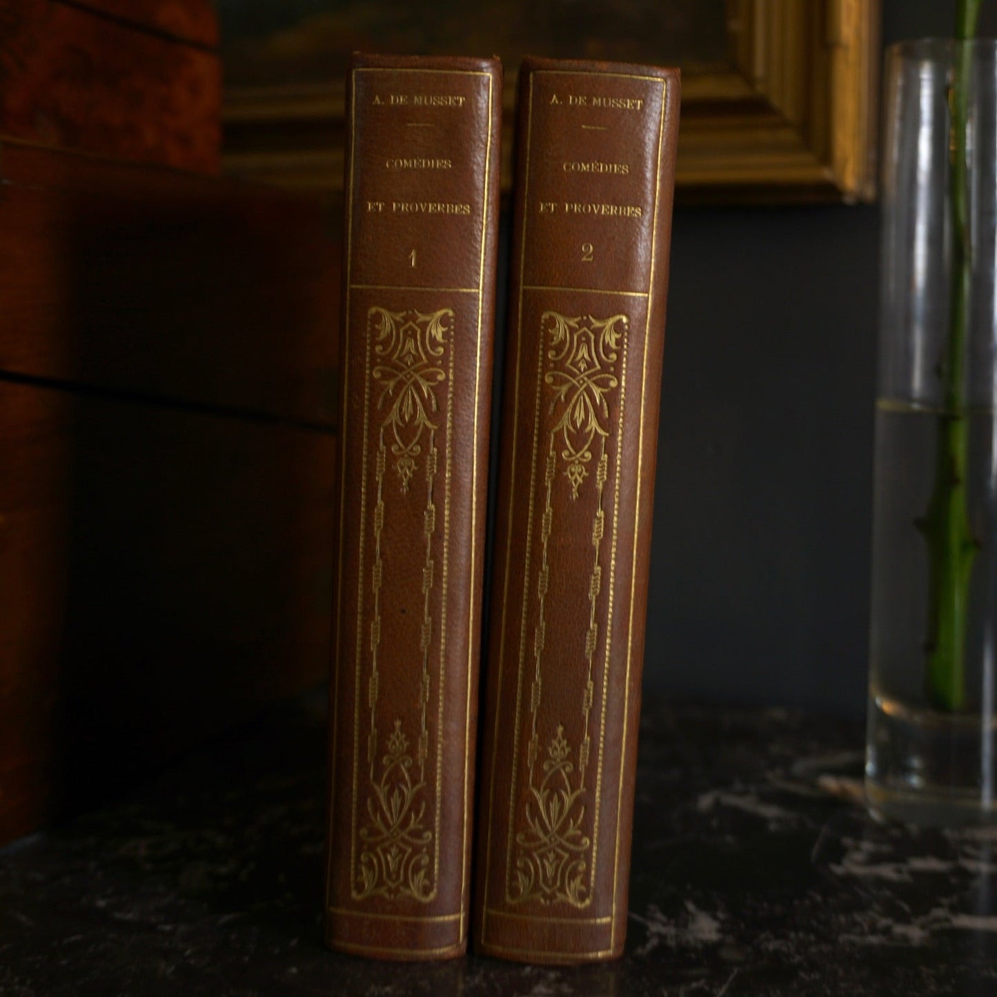 2 Vol. "Comédies et Proverbes" French Half Purple Leather Books