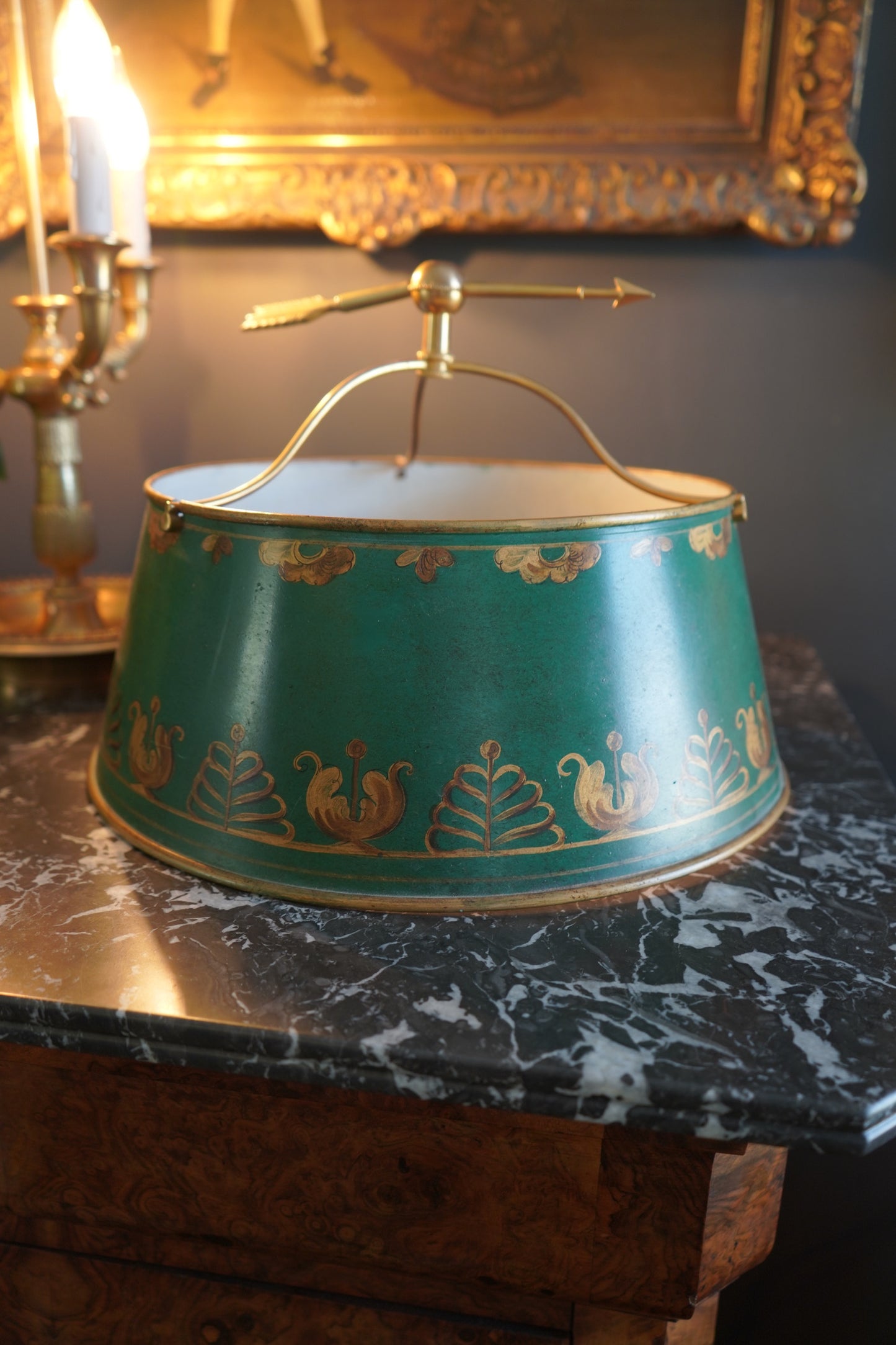 Antique French Bouillotte Lamp with Hand-Painted Tole Shade | Gilt Bronze / Brass Mix, Neoclassical, c.1920