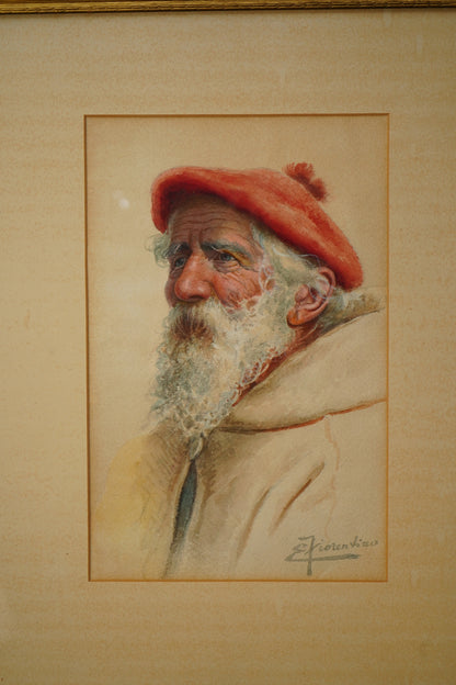 Early 20th Century Watercolor Painting "Portrait of an Italian Man" by Enrico Florentino