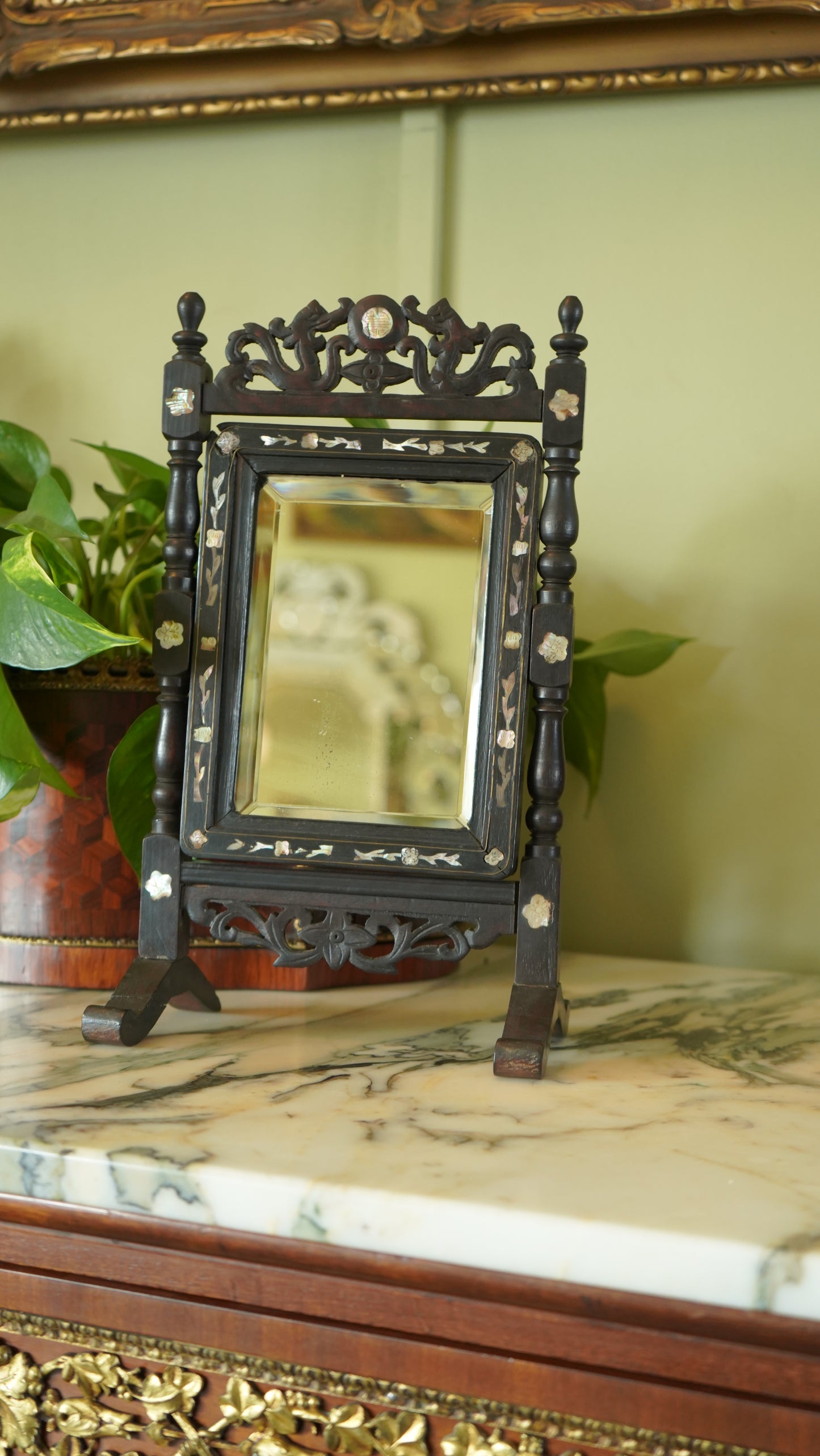 Antique Ebonized Wood & Mother-of-Pearl Vanity Tabletop Mirror