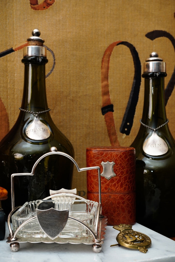 Antique Green Glass Gin and Brandy Decanters with Silver Plate Labels