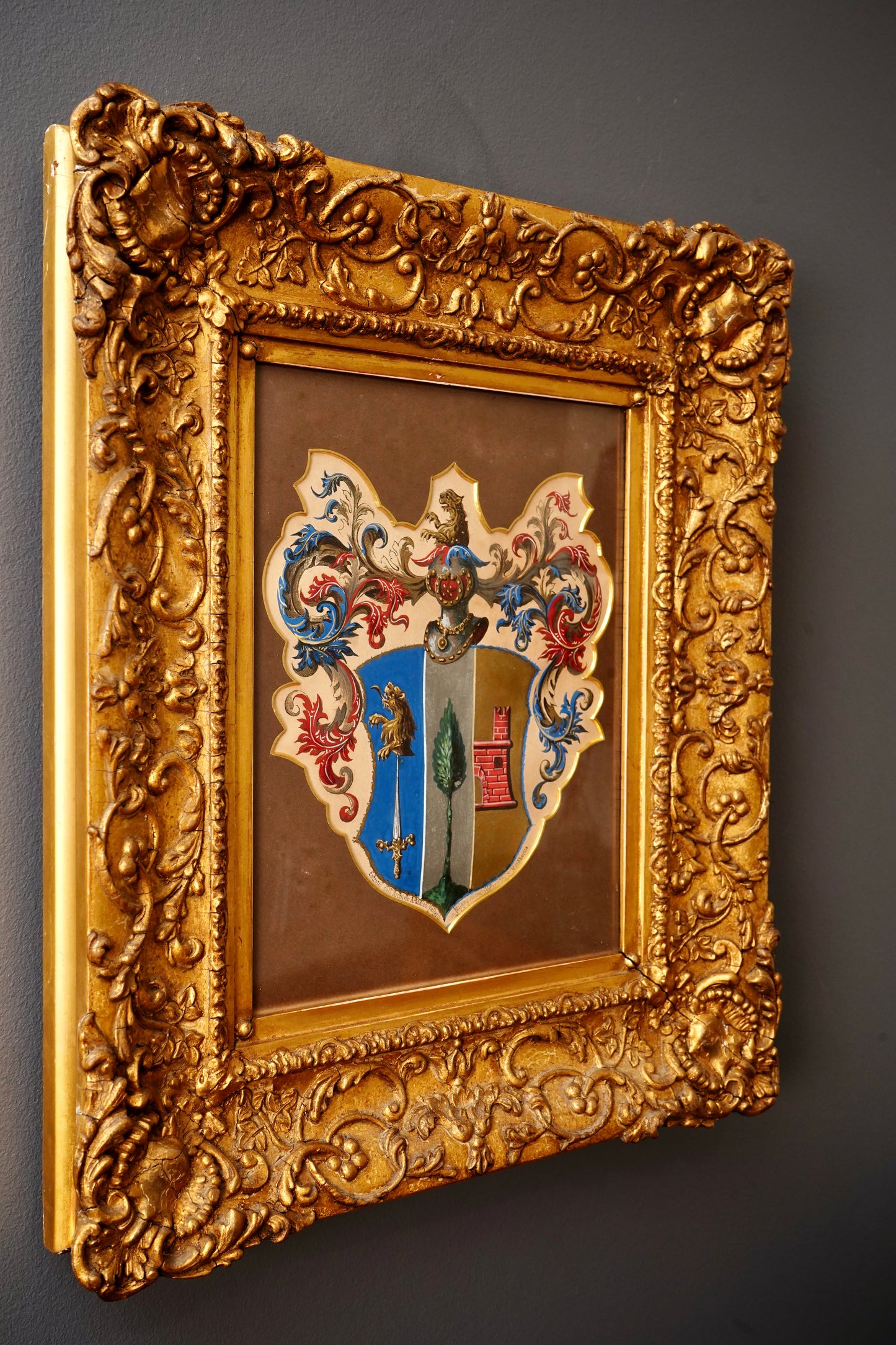 Antique 19th Century Heraldic Coat of Arms in Ornate Gilt Frame