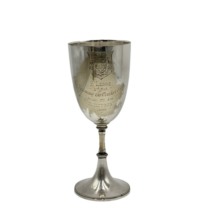 Antique English Silver Plated Trophy Goblet, "Haileybury College Throwing Cricket Ball Trophy Victorian 1888"