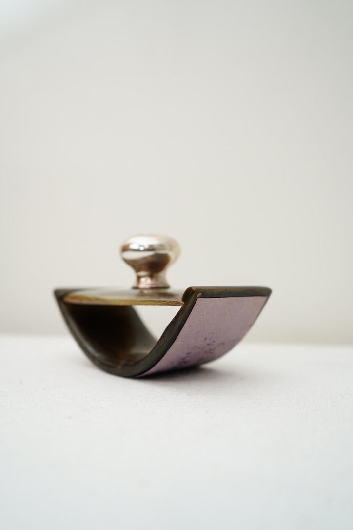 Antique Rocking Desk Ink Blotter, Horn and Hallmarked Silver Knop, English c. 1900