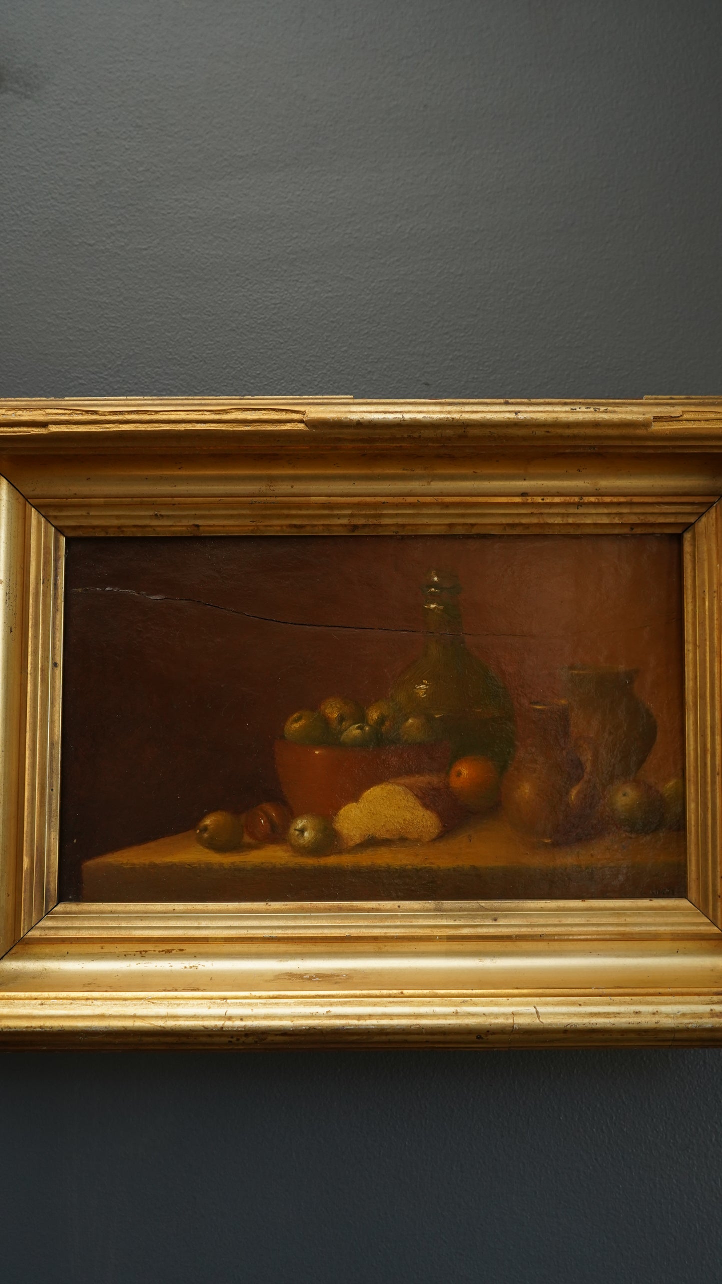 “The Bowl of Apples” by Nicholas Marsh, dated 1958 | English Still Life Oil on Panel in Antique Gilt Frame