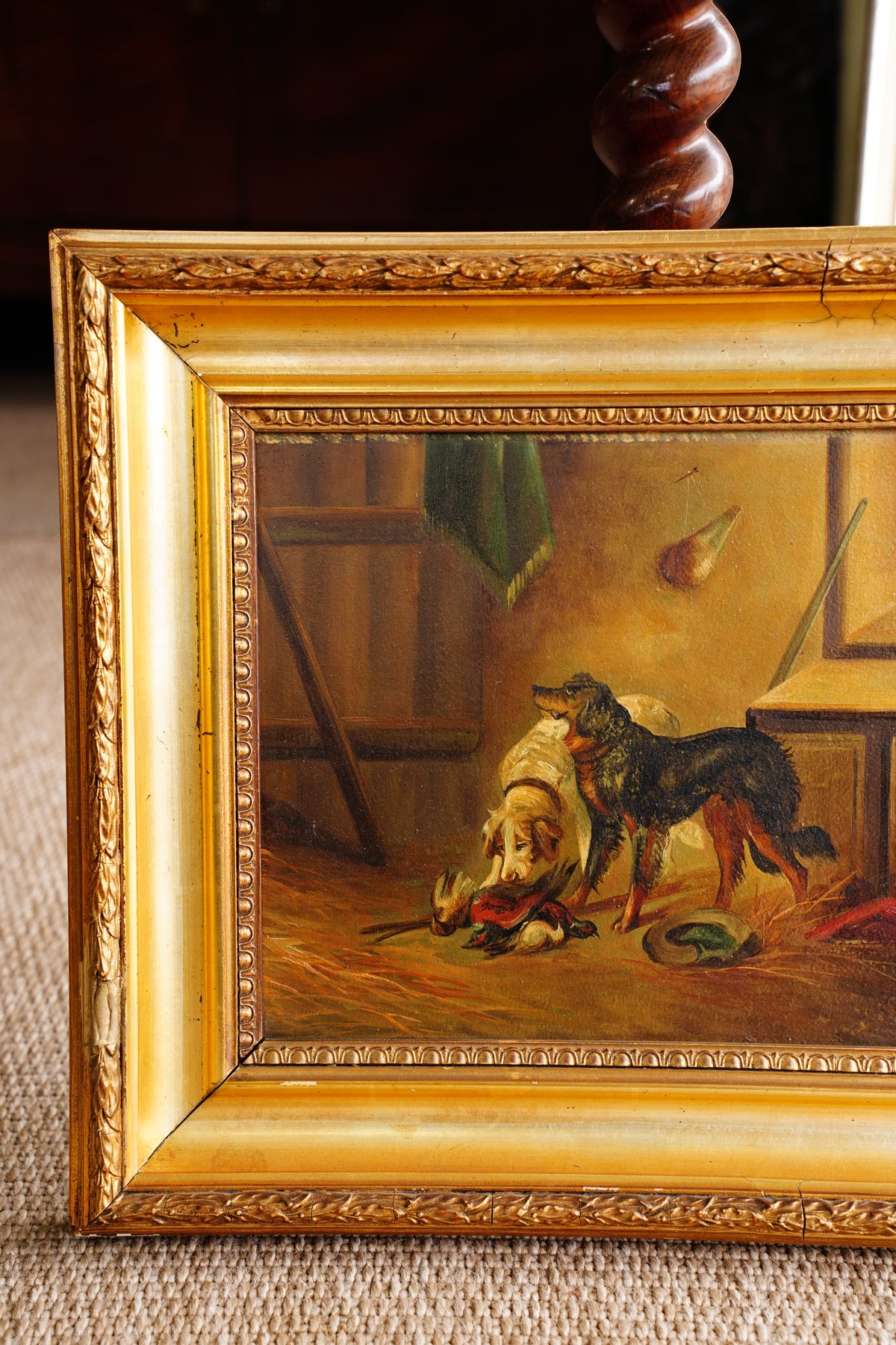 Antique European Hunting Dogs Interior Oil Painting, Circa 1890