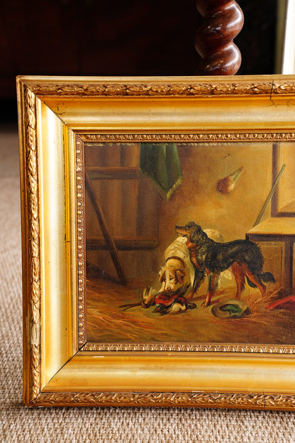 Antique European Hunting Dogs Interior Oil Painting, Circa 1890