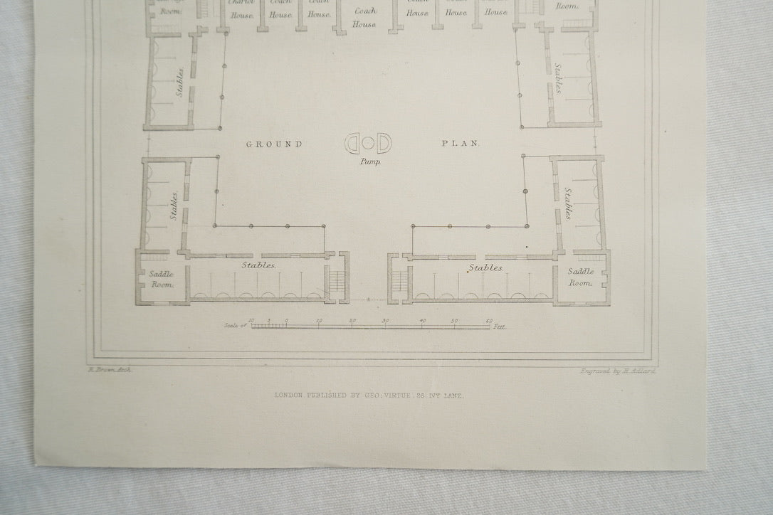 Antique Royal Palace Stables Architectural Engraving, Plate III, J. Le Keux, c. 1830–1860