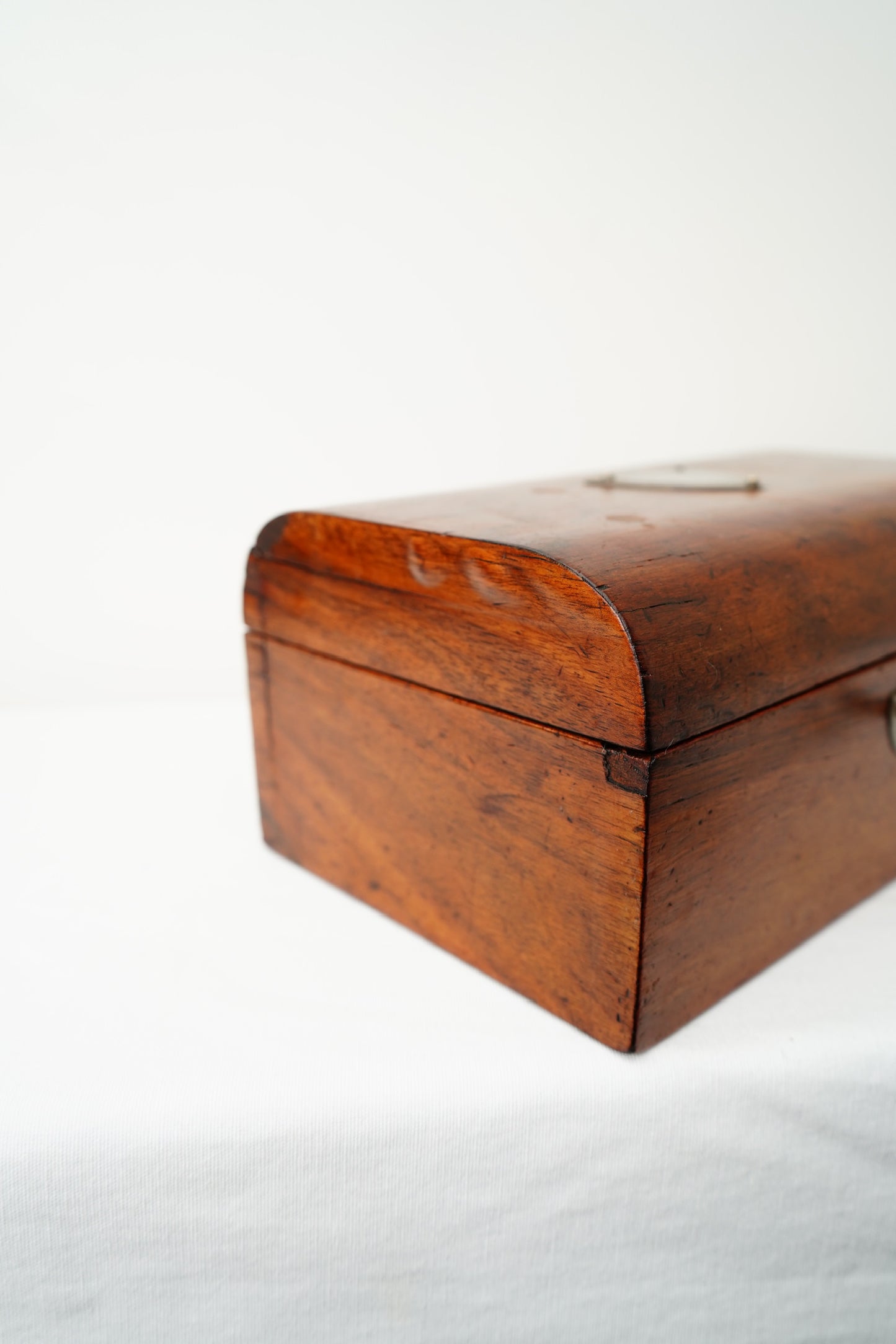 Antique English Dome-Top Walnut Veneer Jewelry or Stationery Box with Key, c. 1880–1910