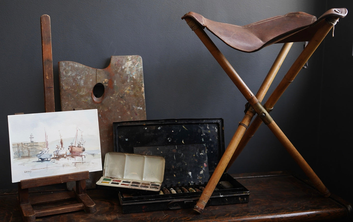 Vintage British Artist Paint Kit with Folding Stool, Easel, Palette and Paint Box