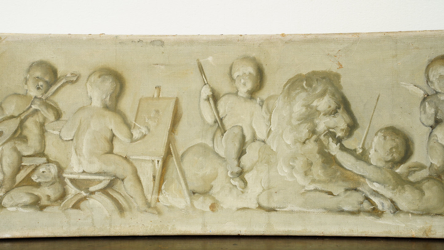 Antique Belgian Cherub Oil Painting, Putti and Lion Grisaille Panel