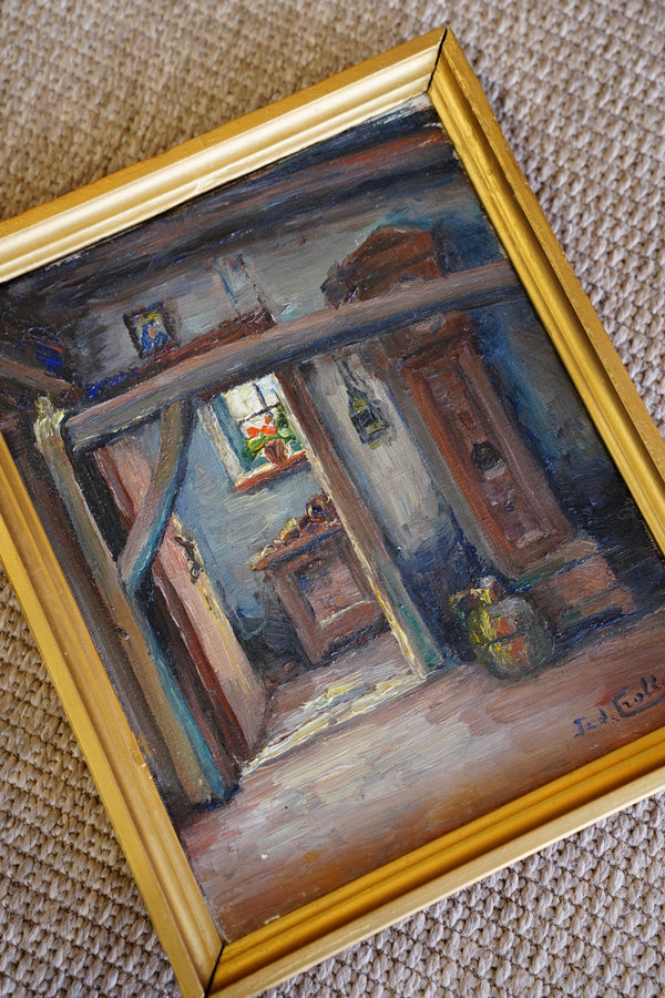 Vintage Flemish Interior Oil Painting, Cottage Doorway with Geranium secondary view