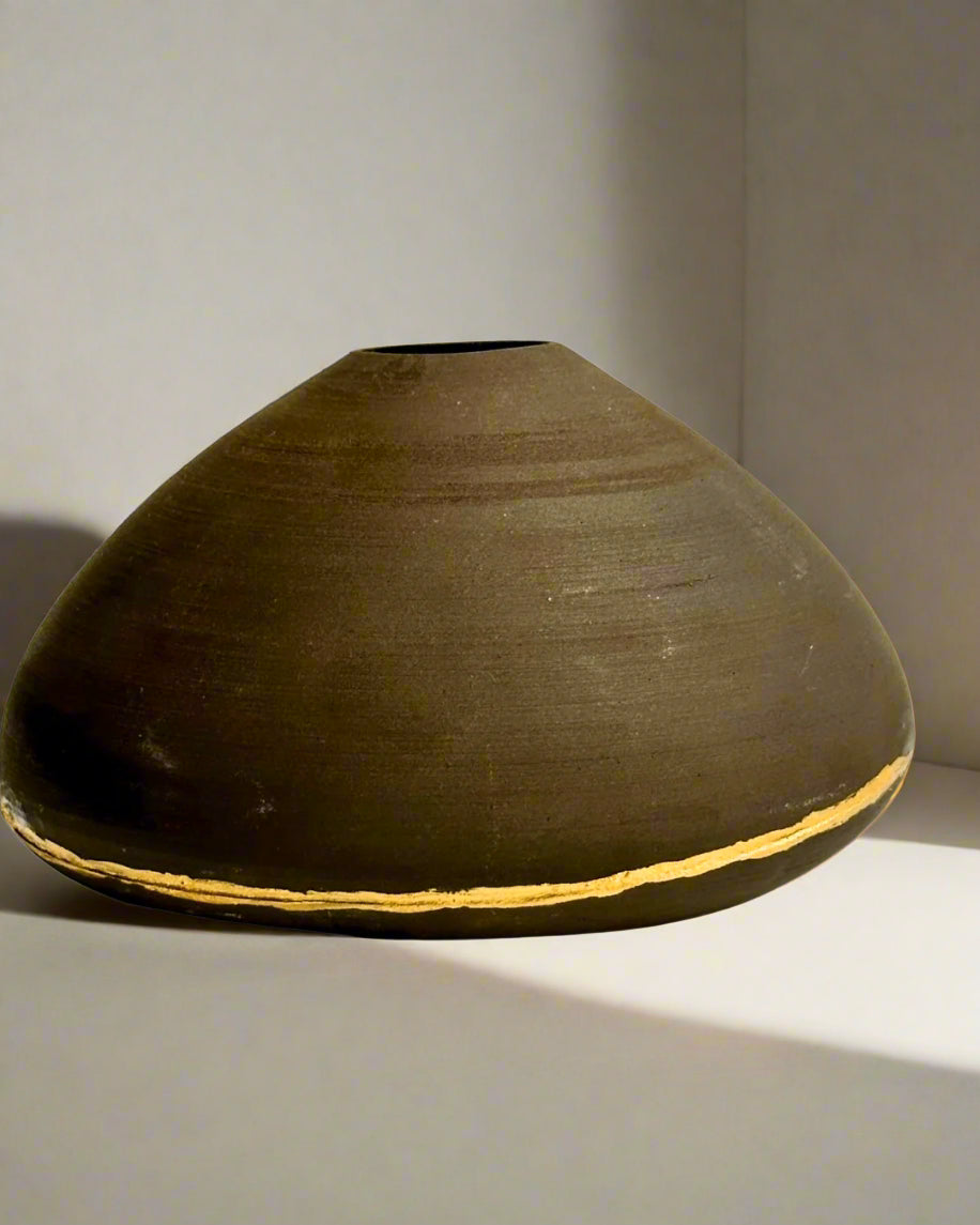 Studio Pottery Vase with Kintsugi-Style Gilded Repair | Signed by Artist, Organic Modern Form