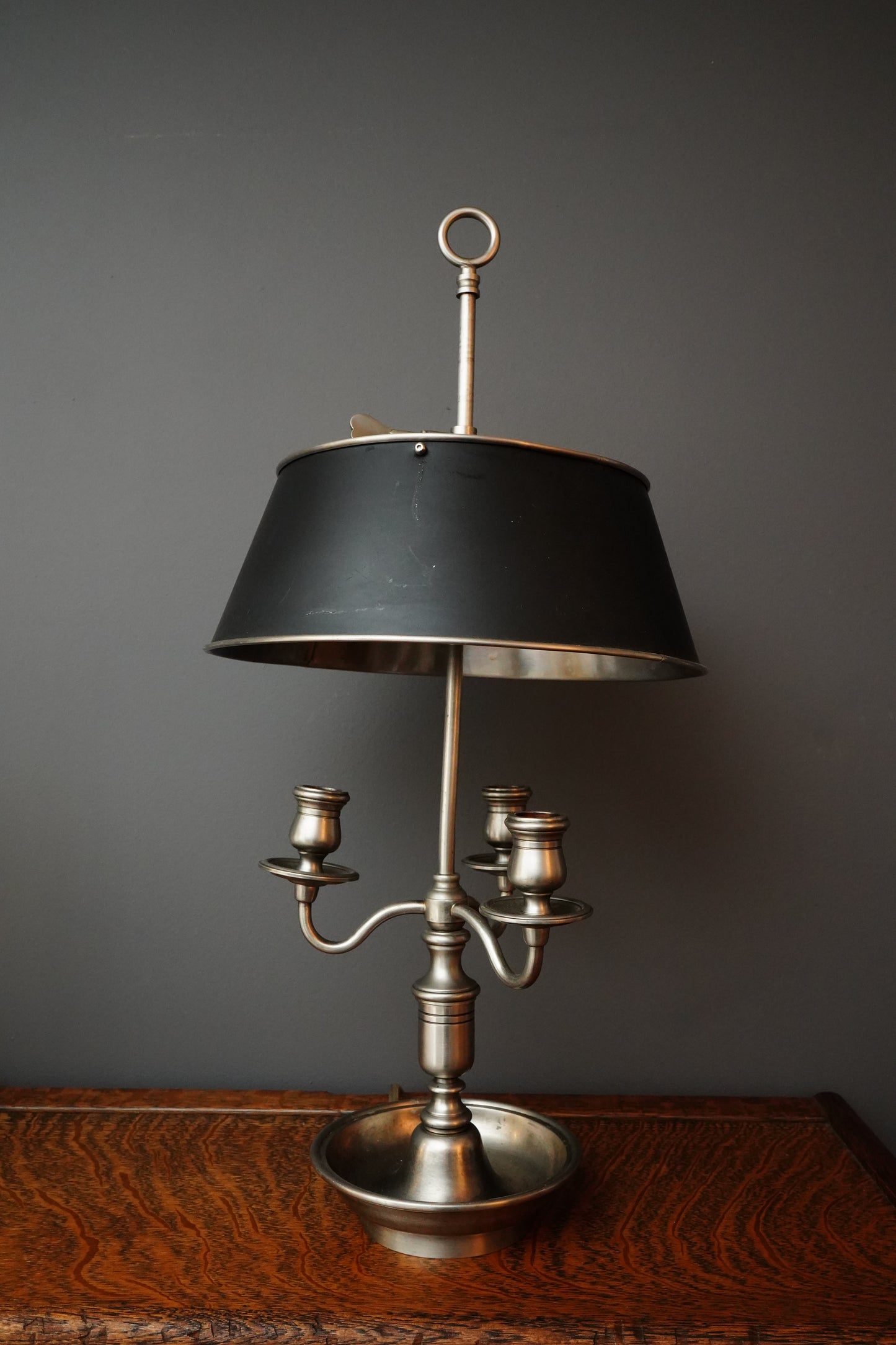 French Bouillotte Style Pewter-Toned Table Lamp with Adjustable Black Tole Shade