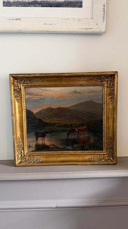 *RESERVED* Victorian Oil Painting, Highland Cattle at a Loch, Signed, Circa 1880