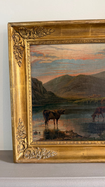 *RESERVED* Victorian Oil Painting, Highland Cattle at a Loch, Signed, Circa 1880