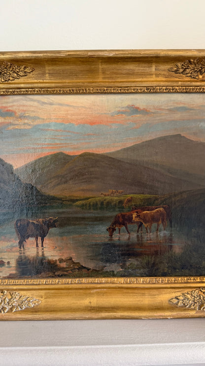 *RESERVED* Victorian Oil Painting, Highland Cattle at a Loch, Signed, Circa 1880