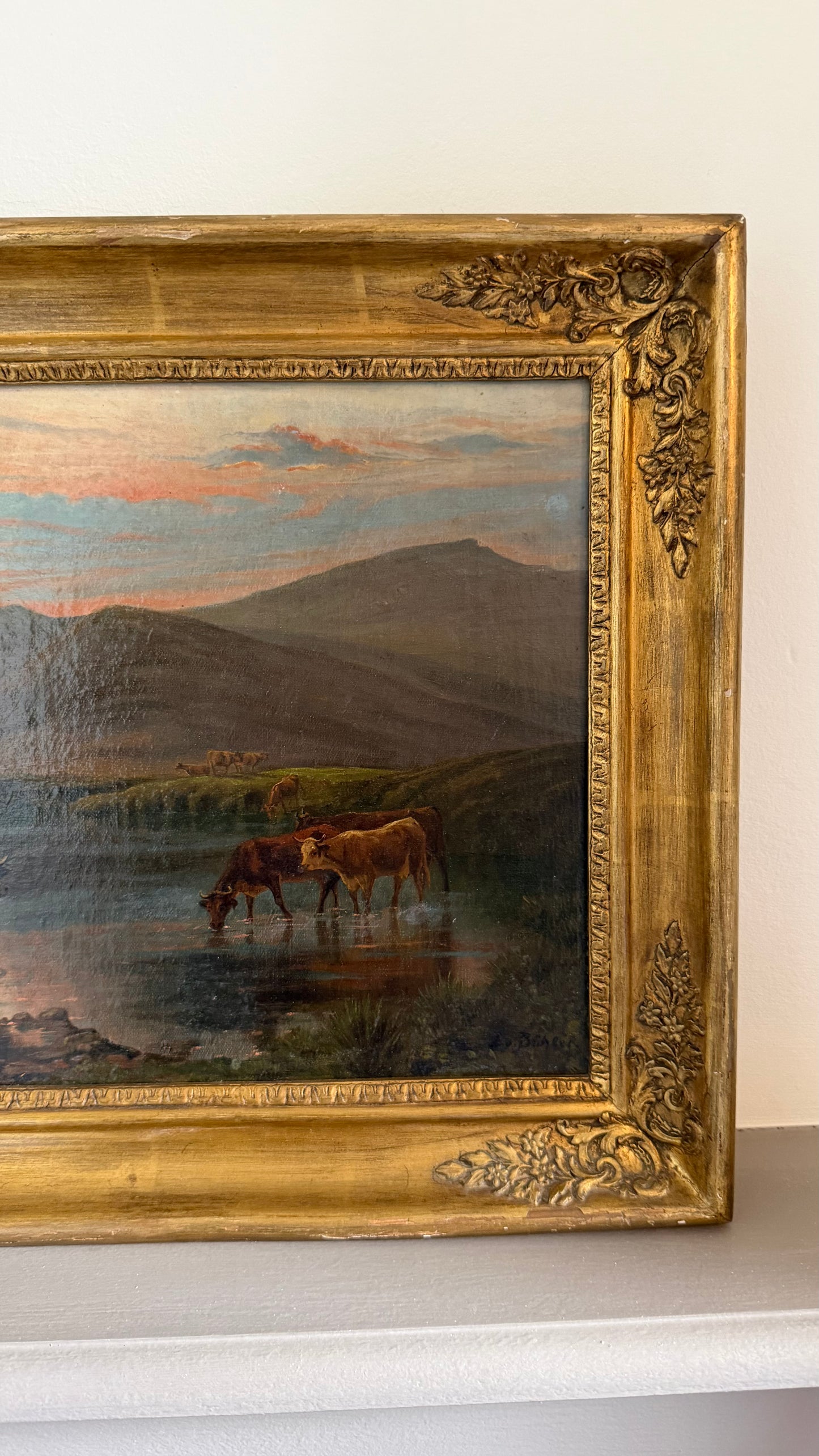 *RESERVED* Victorian Oil Painting, Highland Cattle at a Loch, Signed, Circa 1880