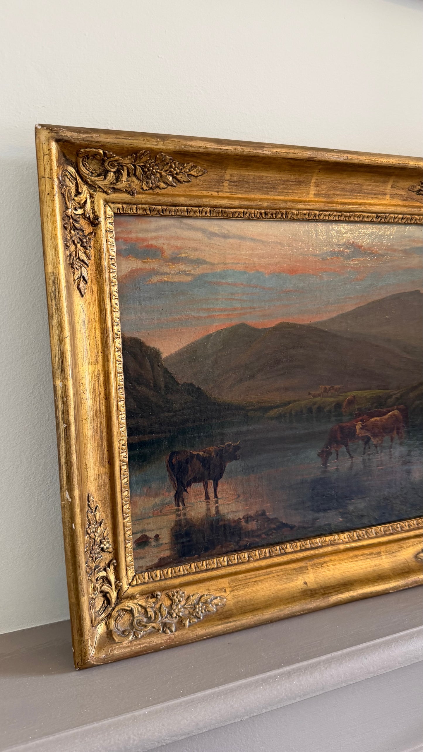 *RESERVED* Victorian Oil Painting, Highland Cattle at a Loch, Signed, Circa 1880