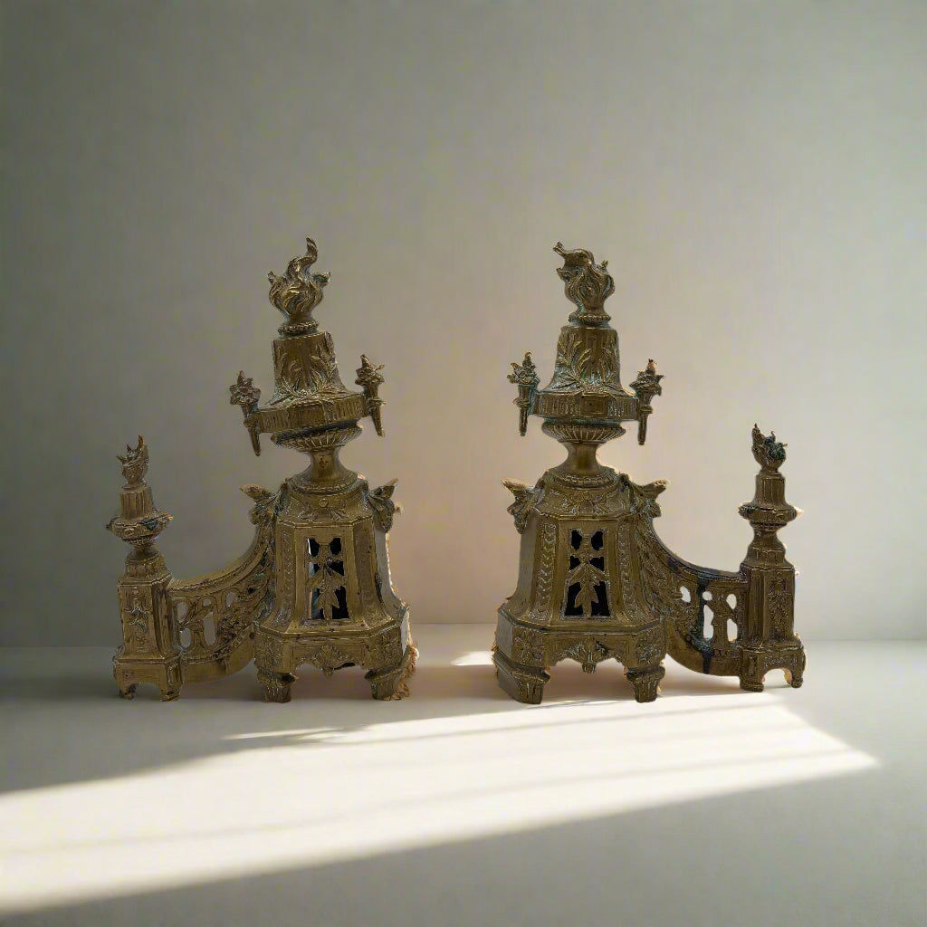 Antique Neoclassical Louis XVI-Style Brass Andirons with Urn and Flame Finials, Pair of Antique Brass Fireplace Fire Dogs