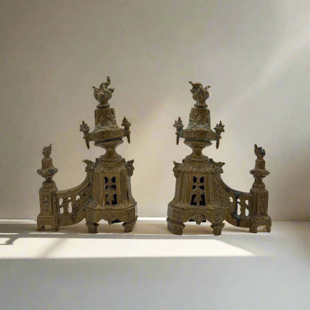 Antique Neoclassical Louis XVI-Style Brass Andirons with Urn and Flame Finials, Pair of Antique Brass Fireplace Fire Dogs