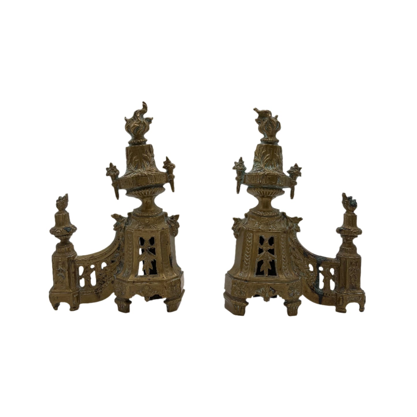 Antique Neoclassical Louis XVI-Style Brass Andirons with Urn and Flame Finials, Pair of Antique Brass Fireplace Fire Dogs