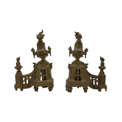 Antique Neoclassical Louis XVI-Style Brass Andirons with Urn and Flame Finials, Pair of Antique Brass Fireplace Fire Dogs