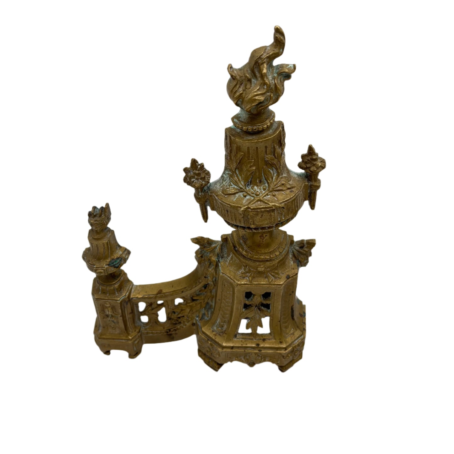 Antique Neoclassical Louis XVI-Style Brass Andirons with Urn and Flame Finials, Pair of Antique Brass Fireplace Fire Dogs