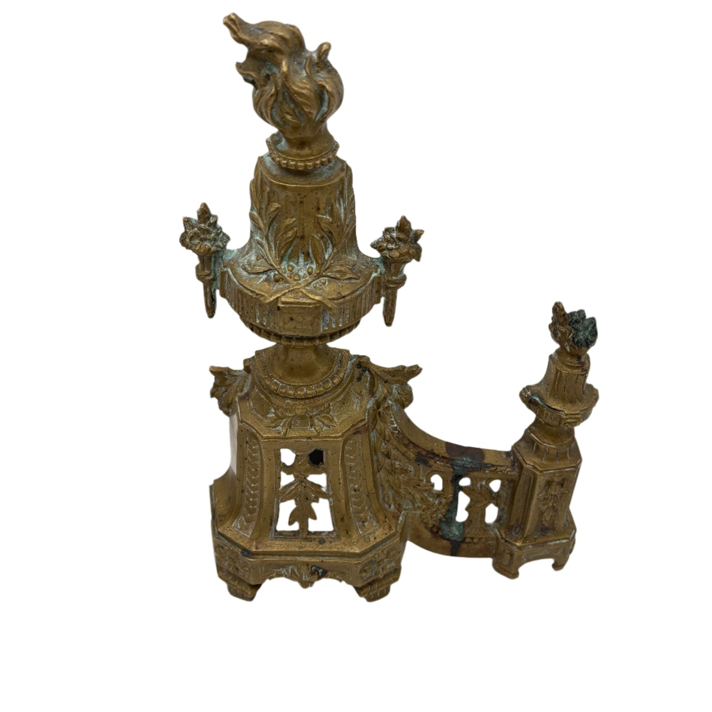 Antique Neoclassical Louis XVI-Style Brass Andirons with Urn and Flame Finials, Pair of Antique Brass Fireplace Fire Dogs