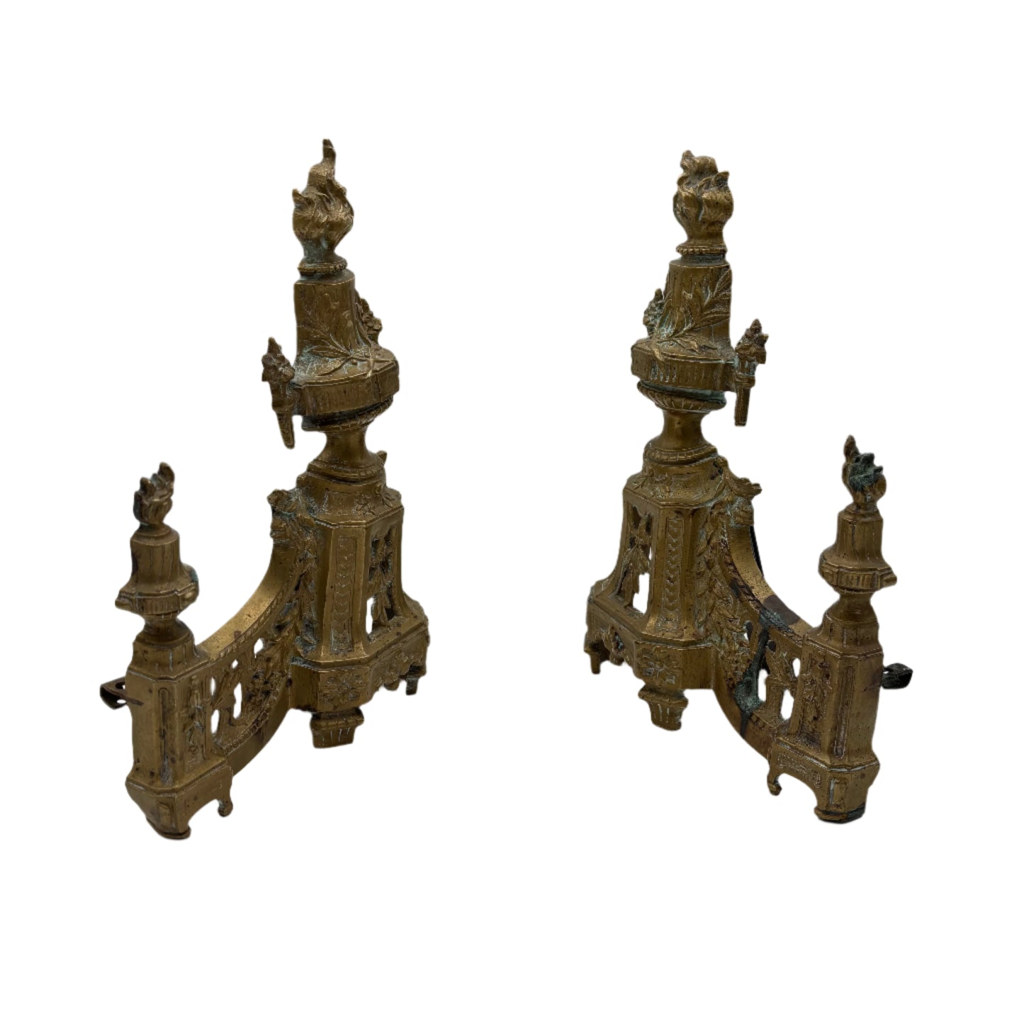 Antique Neoclassical Louis XVI-Style Brass Andirons with Urn and Flame Finials, Pair of Antique Brass Fireplace Fire Dogs