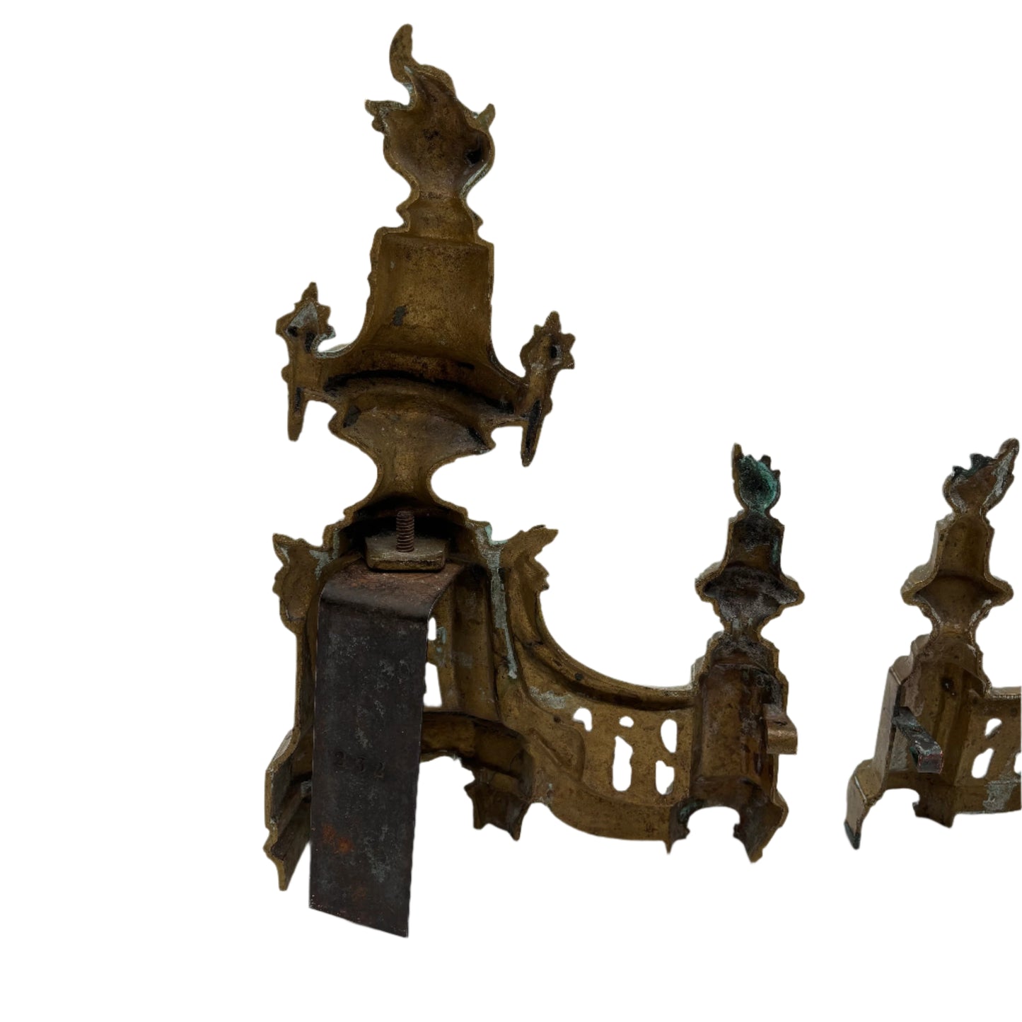 Antique Neoclassical Louis XVI-Style Brass Andirons with Urn and Flame Finials, Pair of Antique Brass Fireplace Fire Dogs