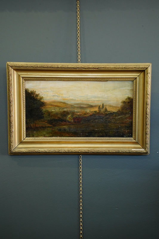 Antique English Oil Painting, Yorkshire Landscape with Ruins, Attributed to P. Carter, 19th Century