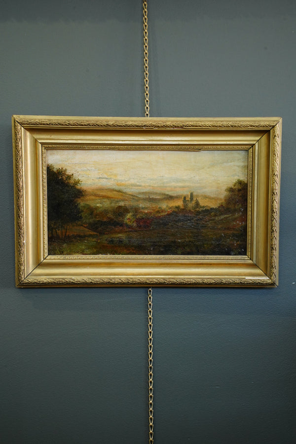 Antique English Oil Painting, Yorkshire Landscape with Ruins, Attributed to P. Carter, 19th Century