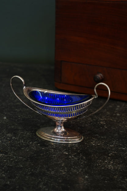 Antique Silverplate Salt Cellar with Cobalt Blue Glass Liner, Ca. 1880