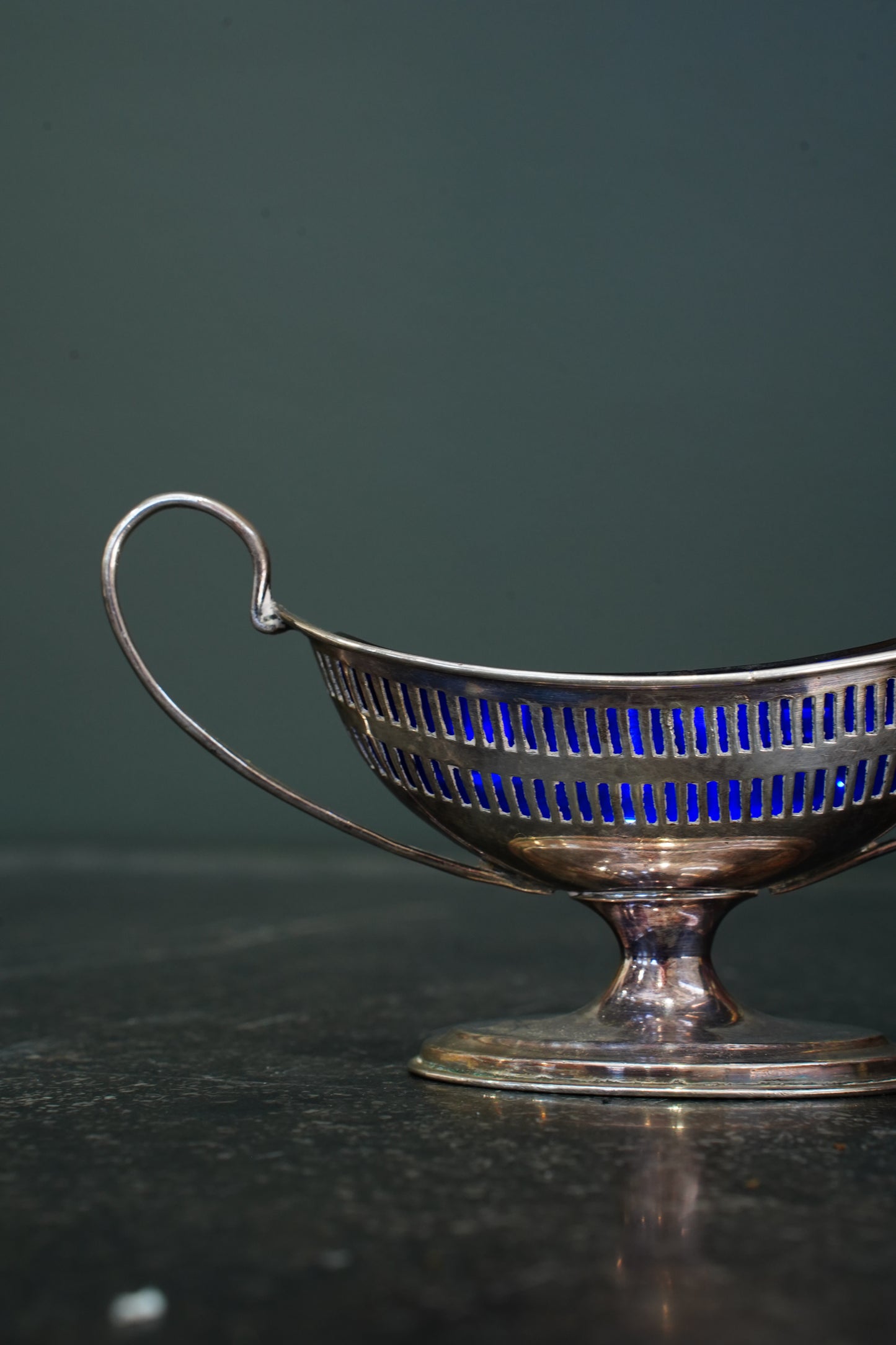 Antique Silverplate Salt Cellar with Cobalt Blue Glass Liner, Ca. 1880