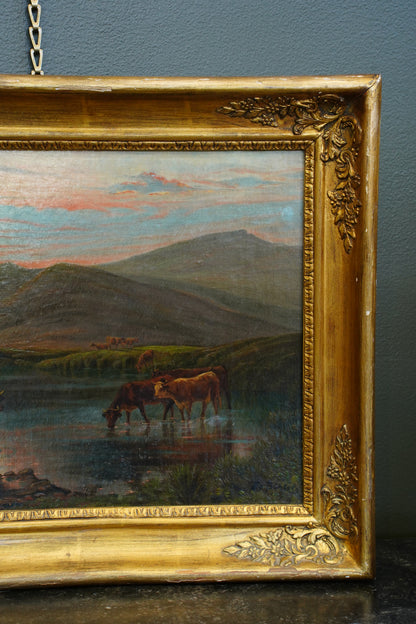 *RESERVED* Victorian Oil Painting, Highland Cattle at a Loch, Signed, Circa 1880
