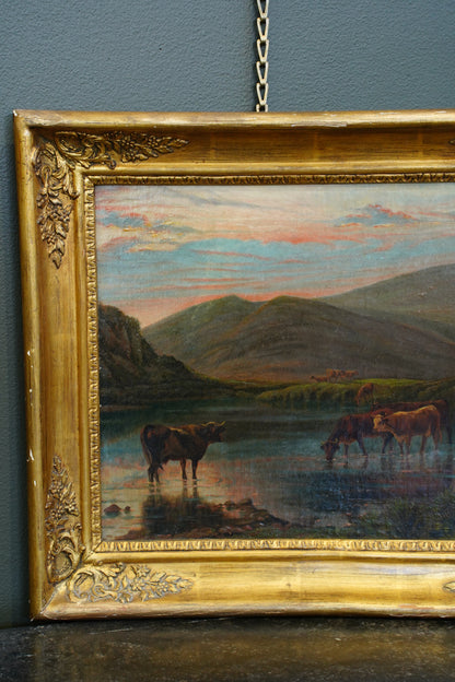 *RESERVED* Victorian Oil Painting, Highland Cattle at a Loch, Signed, Circa 1880
