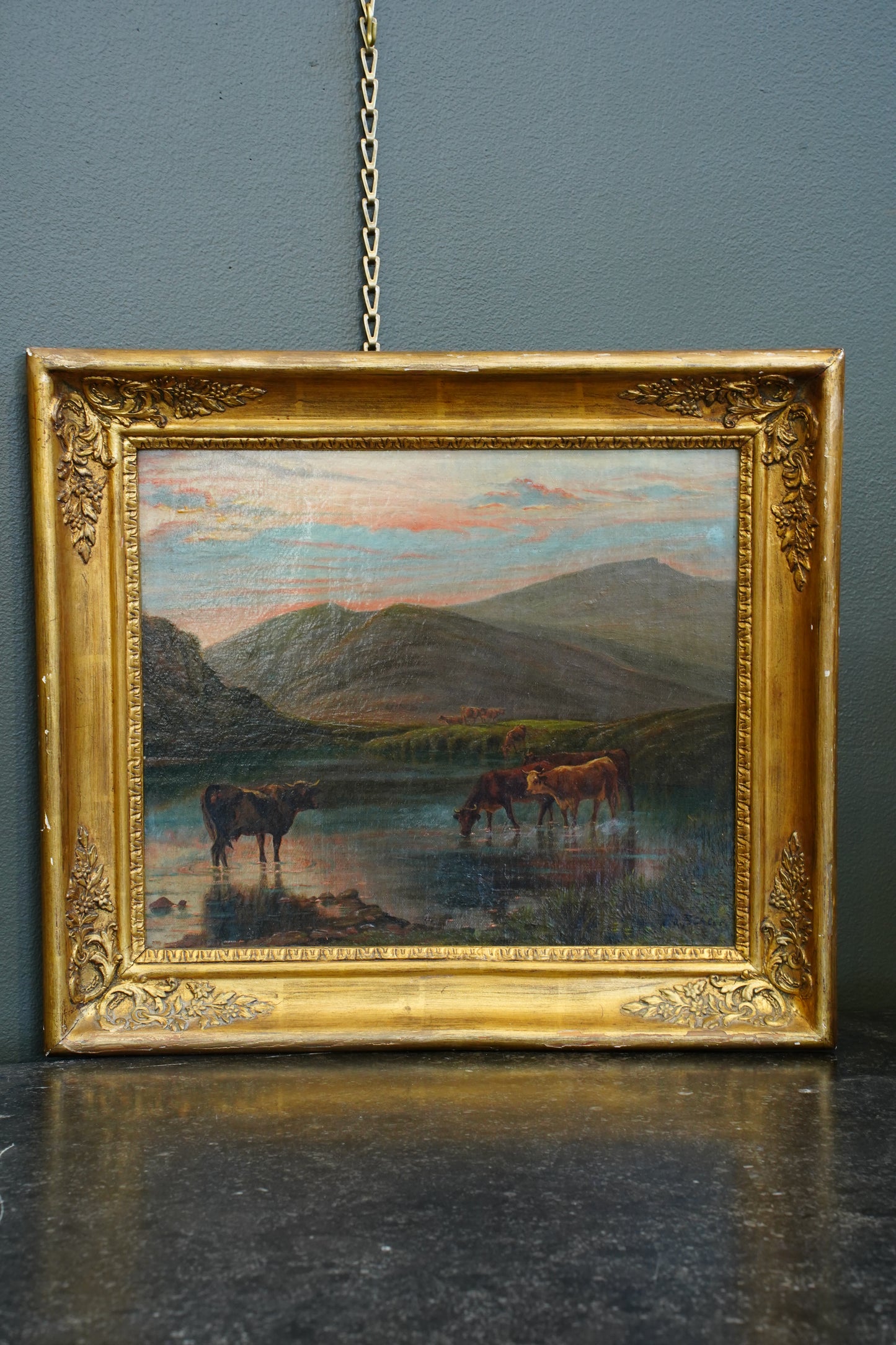 *RESERVED* Victorian Oil Painting, Highland Cattle at a Loch, Signed, Circa 1880